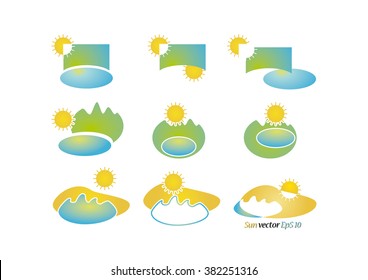 Nine stylized graphic elements with motifs of nature - sun, water, earth
