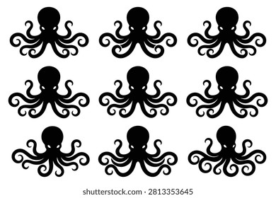 Nine stylized octopus icons featuring intricate tentacles and transparent background arrangement