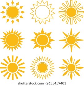 Nove ícones estilizados do sol em diferentes desenhos e cor amarela no branco