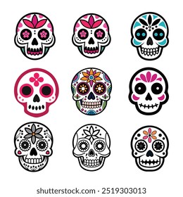 Nine Sugar skull icon set vector art color illustration on a white background. Mexican sugar skull, Dia de los Muertos neon light icons set
