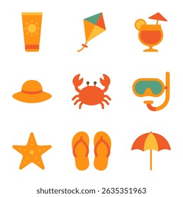 Nine summerthemed icons including sunglasses sunscreen flipflops and sea creatures arranged in a grid