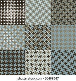 Nine swirly hounds tooth patterns in blues and browns. Tiles are on separate layers and in the Swatches palette.