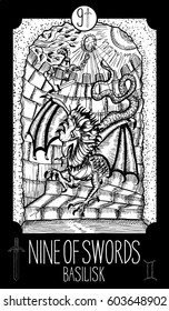 Nine of swords. Basilisk. Minor Arcana Tarot card. Fantasy line art illustration. Engraved vector drawing. See all collection in my portfolio set
