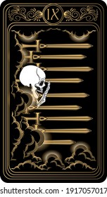 Nine of swords. Card of Minor arcana black and gold tarot cards. Tarot deck. Vector hand drawn illustration with scull, occult, mystical and esoteric symbols.