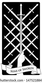 Nine of swords. Tarot cards. Eight crossed swords and a hand grasping a sword tip