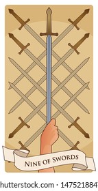 Nine of swords. Tarot cards. Eight crossed swords and a hand grasping a sword tip