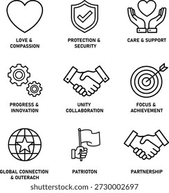 Neun Symbole, die die Unterstützung und Zusammenarbeit von Liebe und Sicherheit darstellen