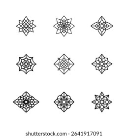 Nine symmetrical geometric designs, resembling flowers and stars, in black outline.
