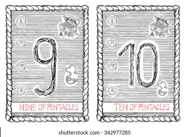 Nine and ten of pentacles. The minor arcana tarot card, vintage hand drawn engraved illustration with mystic symbols.   