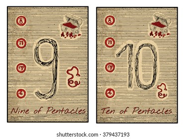 Nine and ten of pentacles in red. The minor arcana tarot card, vintage hand drawn engraved illustration with mystic symbols.