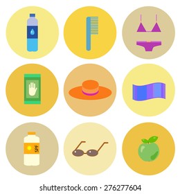Nine things to take to the beach. Set of flat style colorful icons. Beach theme - bottle of water, comb, bikini swimsuit, wet wipes, floppy hat, towel, sunscreen, sunshades, apple. Beach essentials.