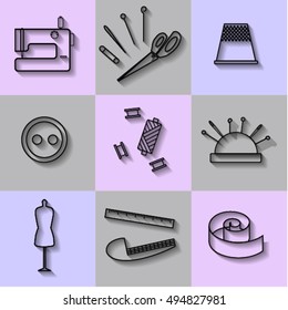 Nine tools for sewing on colorful background 