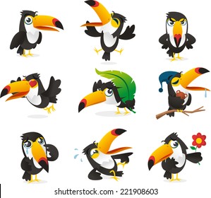 Nine Toucan cartoon collection, different situations illustrations