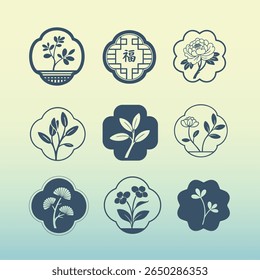 Nine traditional Chinese motifs featuring auspicious and prosperous patterns and plants.text translate:  Fu, meaning blessing or good fortune.