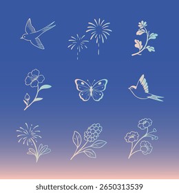 Nine traditional Chinese-themed designs featuring flowers, fireworks, butterfly, and flying birds.