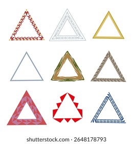 Nine triangle shapes. Multicolor and texture mix. Natural and abstract forms. Decorative visual designs.