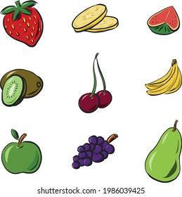 Nine type of fruits, handdrawn in sketch and graphic style with various stroke widths. Filled with limited color palette, highlights and shadoweffects to give a 3D effect.