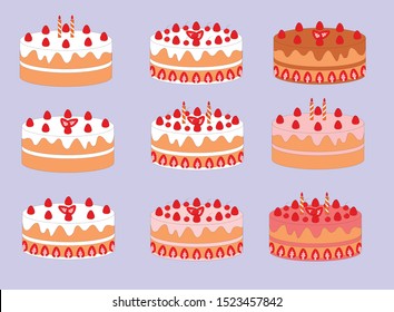Nine types of cake , happy birthday cake. use for icon, badge, illustration, vector, icon, and background pattern