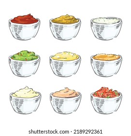 nine types of dips sauces ketchup salsa guacamole mayo bbq mustard fast food icon eating fried yummy american burger isolated on white background