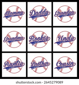 Nine unique baseball-themed family designs. Perfect for shirts, mugs, or other personalized gifts. Includes various family roles. High-quality vector graphics.