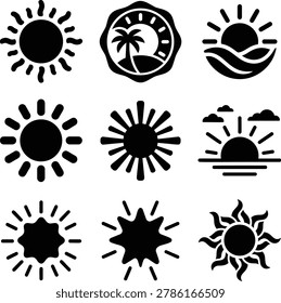 Nine unique black graphic icons representing different sun designs and celestial elements isolated on transparent background
