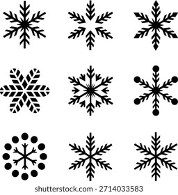 Nine unique black snowflake designs arranged in a three by three grid on white.