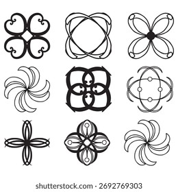 Nine unique black and white abstract floral and circular designs.