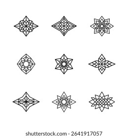 Nine unique black and white geometric star and flower designs.