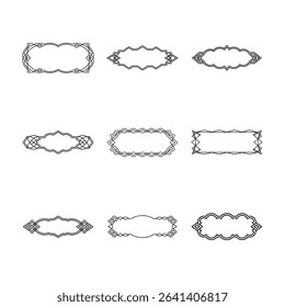 Nine unique decorative frames, rendered in black lines, showcase a variety of geometric shapes and curvilinear designs against a clean white background.