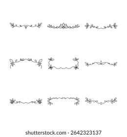 Nine unique floral dividers and frames are displayed in black line art on a white background.
