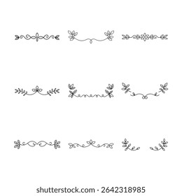Nine unique floral and leaf dividers and corner elements in a simple, elegant black line art style.
