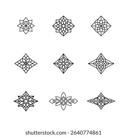 Nine unique geometric designs featuring floral and diamond shapes in black outline.