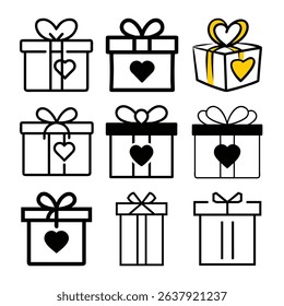 Nine unique gift box icons with hearts and bows for Valentine's Day. set of gift boxes. set of gift icons. set of vector gift boxes
