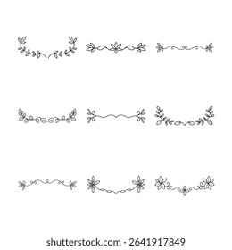 Nine unique, hand-drawn dividers featuring floral and leafy designs, all in black outline on a white background.