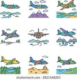 Nine unique illustrations of airplanes, each depicted with different color schemes and designs, presented in a grid format.