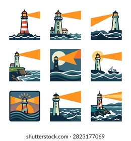 Nine unique lighthouse designs, each emitting a bright beam of light, set against various coastal backgrounds.