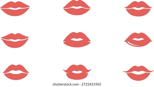 Nine unique red lip prints arranged in three rows on a plain white surface