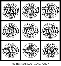 Nine unique school grade team logos feature a trendy leopard print design. Perfect for apparel, crafts, and school projects. Download now.