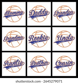 Nove projetos de basquete exclusivos vintage-estilo com papéis de família como mamãe, papai, vovó, vovô, novato do ano. Perfeito para roupas.