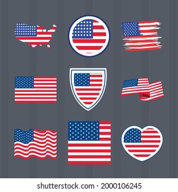 nine usa flag set icons