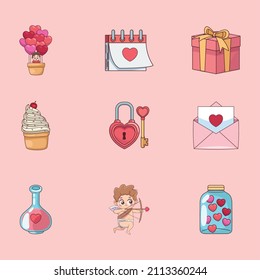nine valentines day set icons