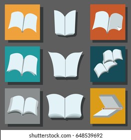 Nine Variants of the Revealed Book or Notebook, Which You Can Use as a Template for Different Slogans and Other Texts. Icons with the Image of the Book. Vector illustration