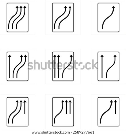 Nine variations of added lane road signs indicating merging traffic and lane changes for improved traffic flow.