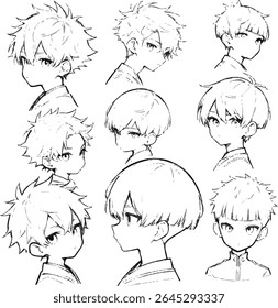 Nine Variations of Anime Boy Hairstyle Sketches Black and White Line Art