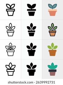 Nine variations of potted plant icons showcase diverse design styles, including line art, solid silhouette, and flat color depictions on a clean white backdrop.