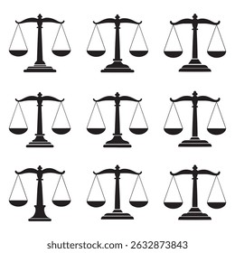 Nine variations of scales of justice icons, presented as white graphics on a transparent background. A valuable asset for designers needing versatile legal or balance themed imagery.