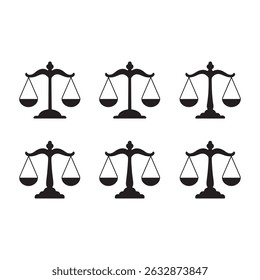 Nine variations of scales of justice icons, presented as white graphics on a transparent background. A valuable asset for designers needing versatile legal or balance themed imagery.