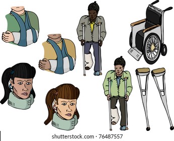 Nine various injury-related illustrations with diverse ethnic representation