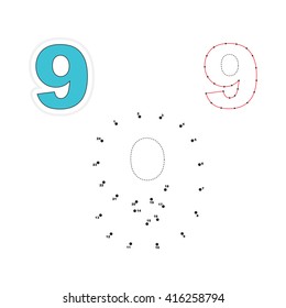 Nine in vector to be traced by numbers. Join dots. Connect by numbers. Vector visual game for children.