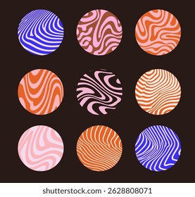 Nine vector circles with bold wavy designs in orange, pink, and blue, on a dark background. Each circle features unique abstract patterns, creating a modern and vibrant composition.